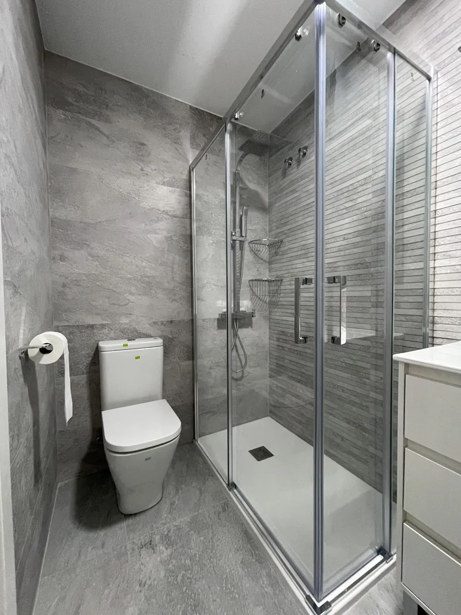 Ducha en gris con columna y mampara angular